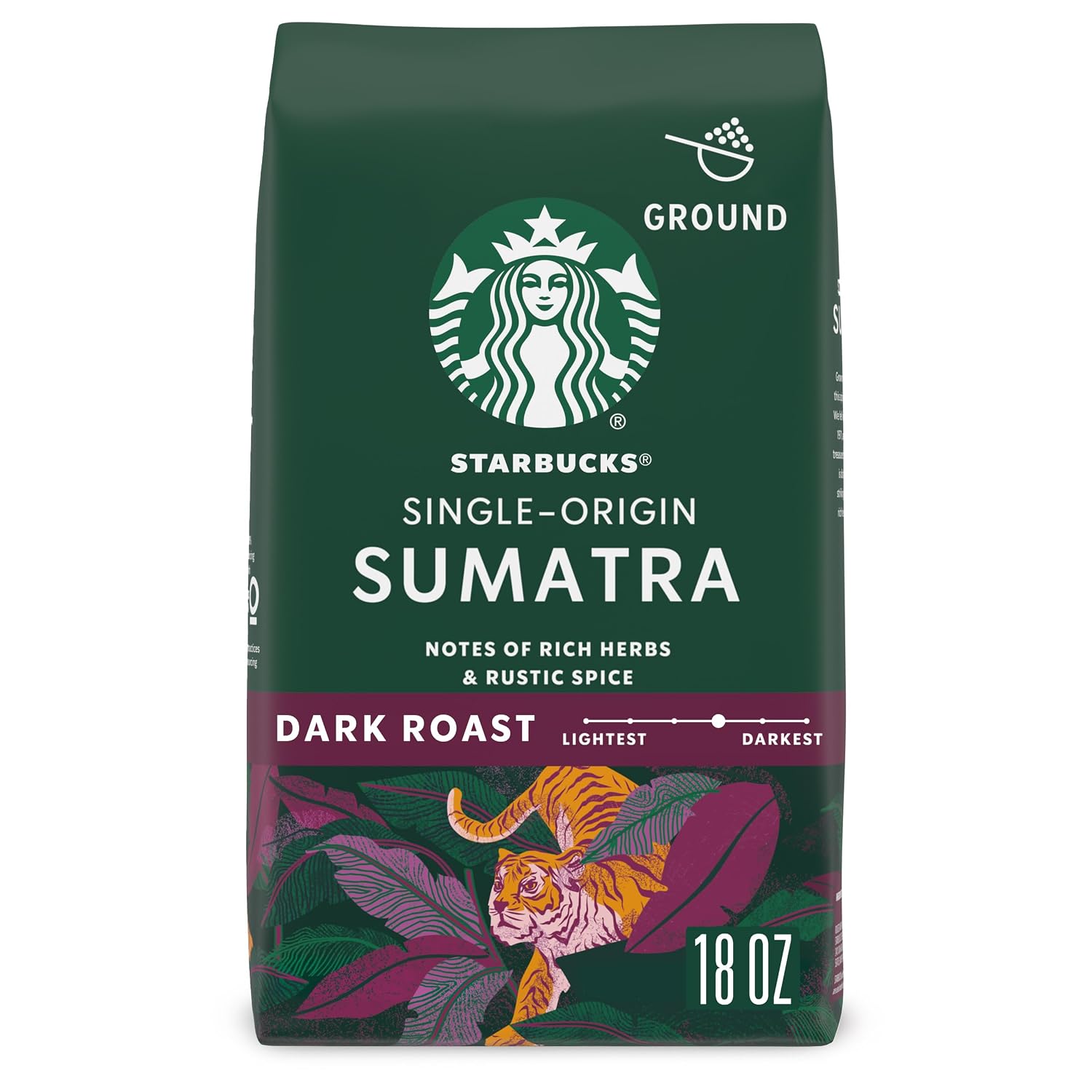 Starbucks Ground Coffee, Dark Roast Coffee, Sumatra, 100% Arabica, 1 bag (18 oz) | 100% Arabica ground coffee; single-origin Sumatra dark roast; single 18 oz bag